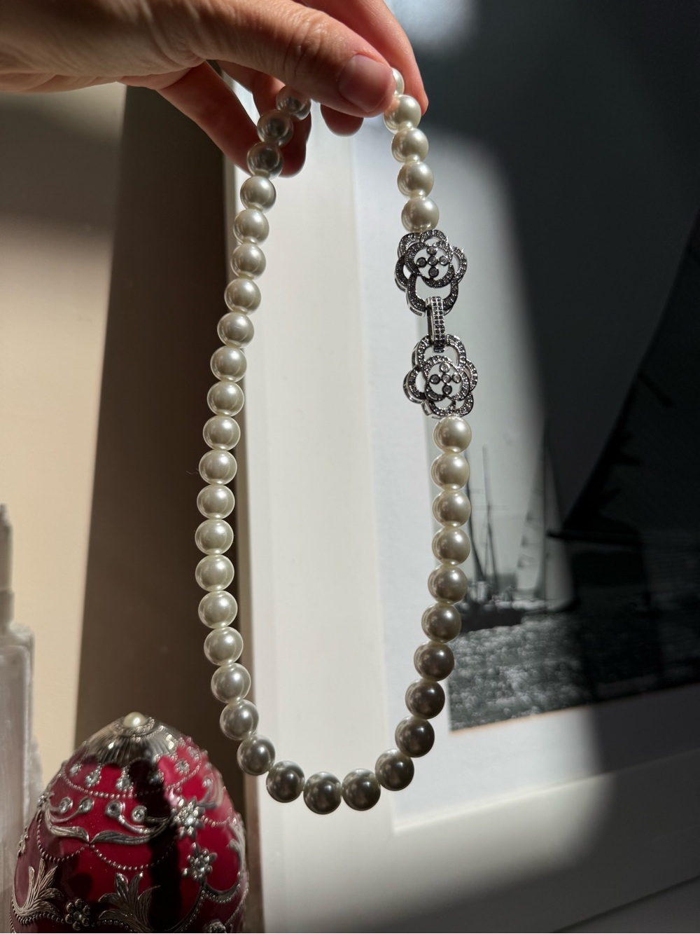 Anthropologie Pearl Necklace with Silver Floral Clasp